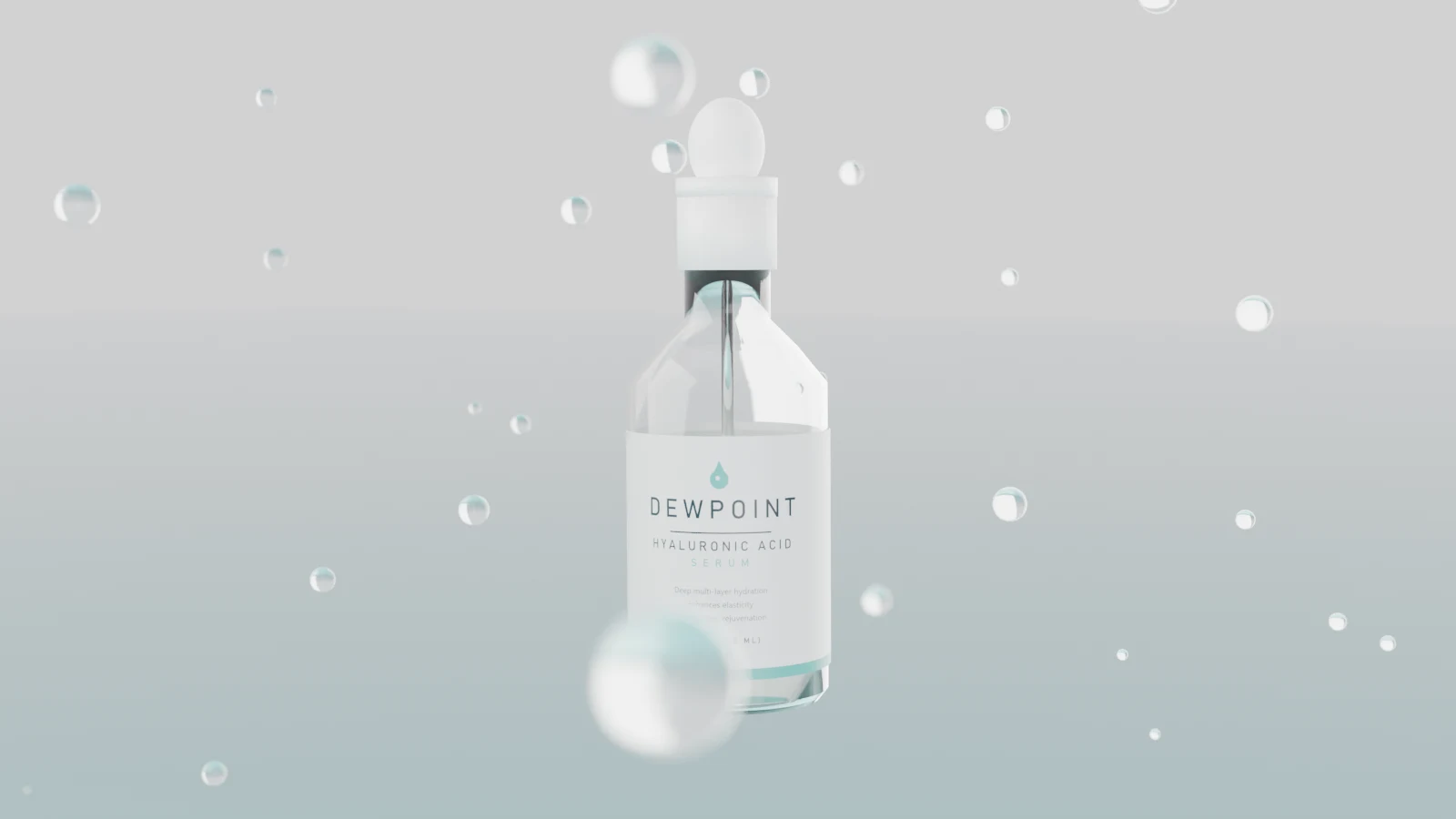 Frame from the DEWPOINT serum film — a dropper bottle floating among water droplets