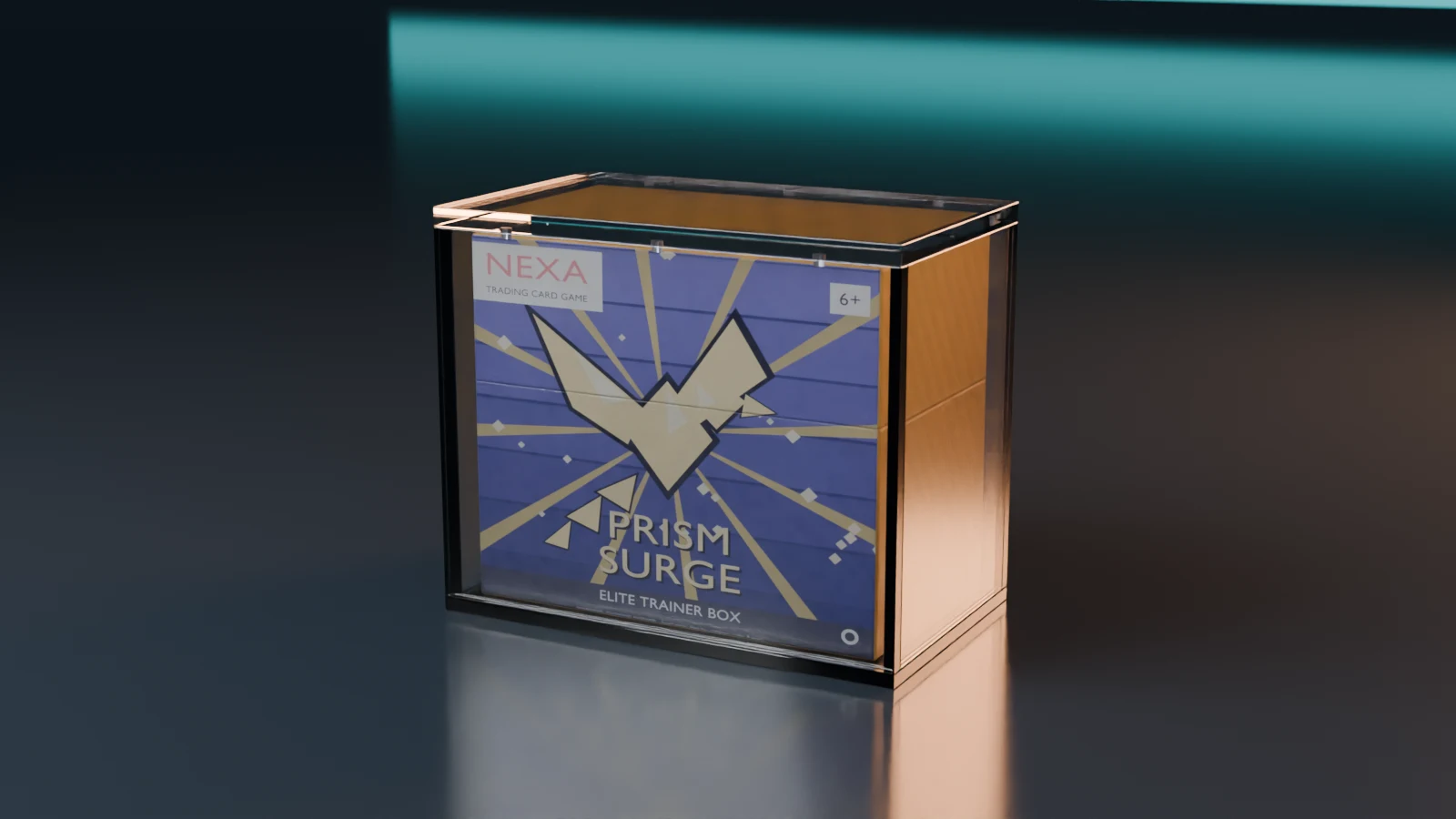 Frame from the RELIQ product film — an acrylic display case in a dark studio